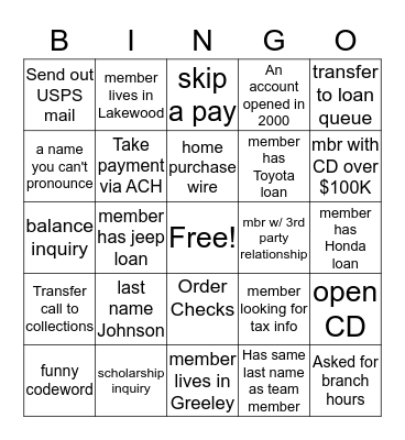 call center BINGO Card