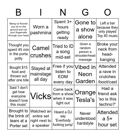 EDM Bingo Card