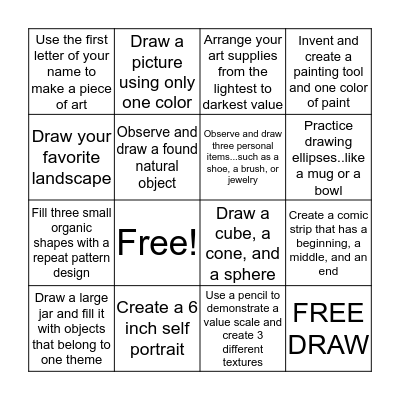 Fifth and Sixth Grade Art Bingo Card