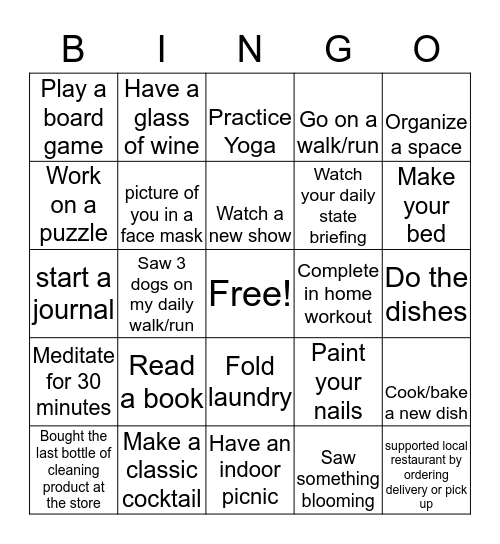 Stay at home Bingo Card