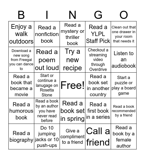 YLPL's Safe at Home Bingo Card