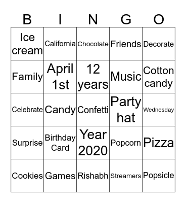 Rishabh's 12th Birthday Bingo! Bingo Card