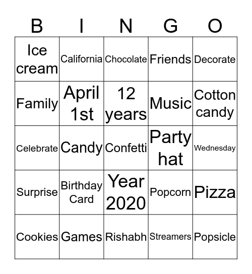 Rishabh's 12th Birthday Bingo! Bingo Card