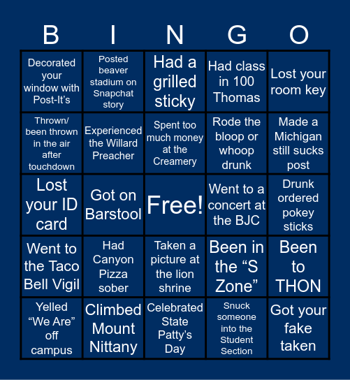 Penn State Bingo Card
