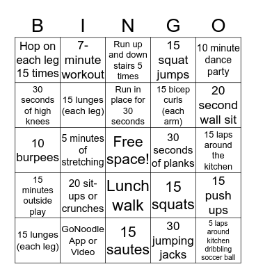 Fitness Bingo Card