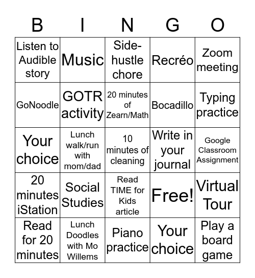 School @Home Bingo Card