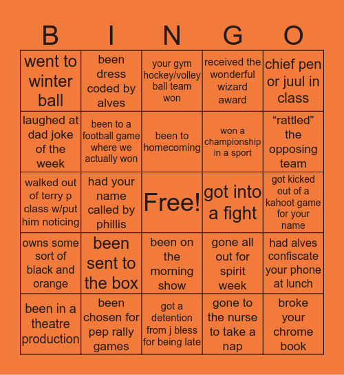 West Warwick Highschool Bingo Card