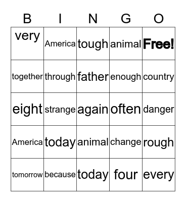 Sight Word Bingo Column #4 Bingo Card