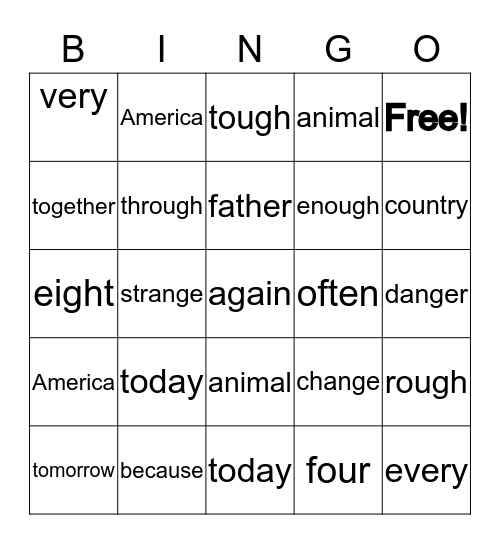 Sight Word Bingo Column #4 Bingo Card