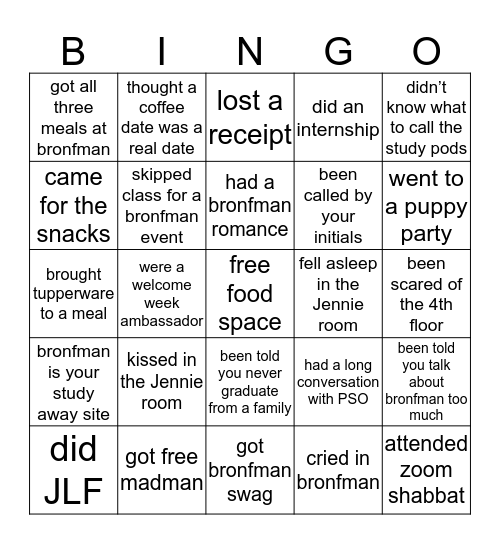 bronfman center bingo Card