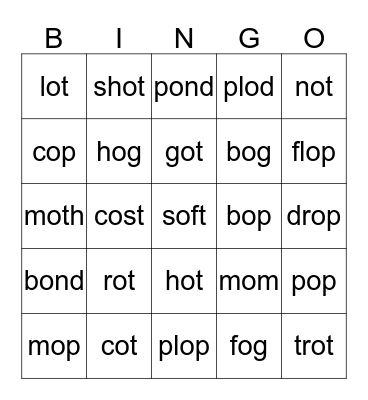 short vowel o  Bingo Card