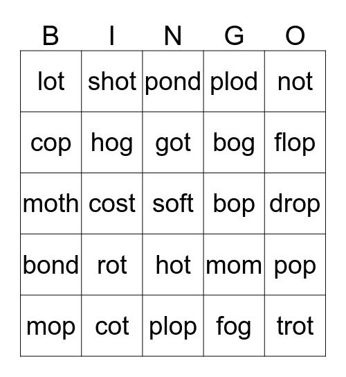 short vowel o  Bingo Card