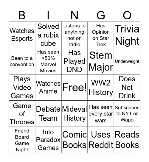 Nerd Bingo Card