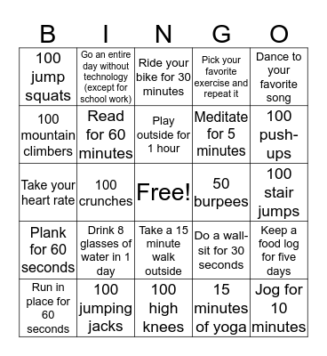 Third-Sixth Grade Fitness Bingo! Bingo Card