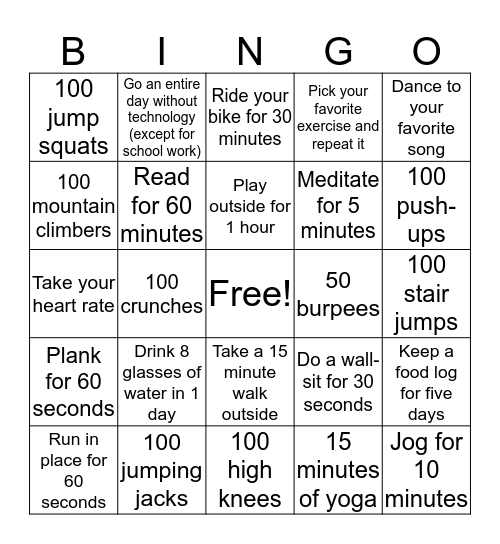 Third-Sixth Grade Fitness Bingo! Bingo Card