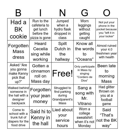 Bishop Kelly Bingo Card