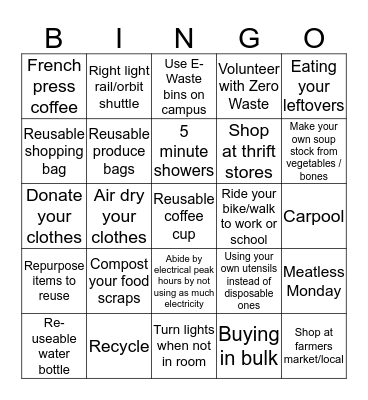 Sustainability Bingo Card