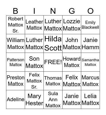 Mattox Family Reunion 2014 Bingo Card