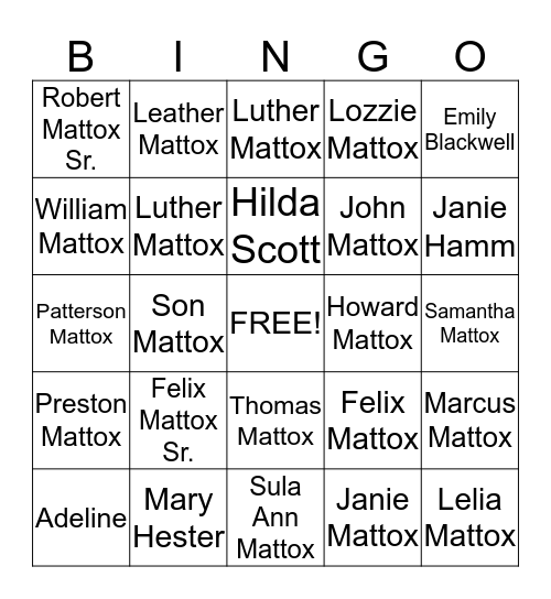 Mattox Family Reunion 2014 Bingo Card