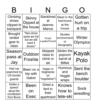 McGill Outdoors Club Bingo Card