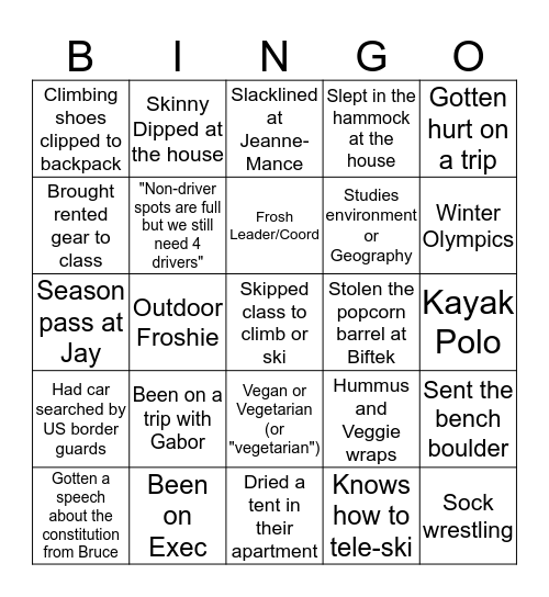 McGill Outdoors Club Bingo Card