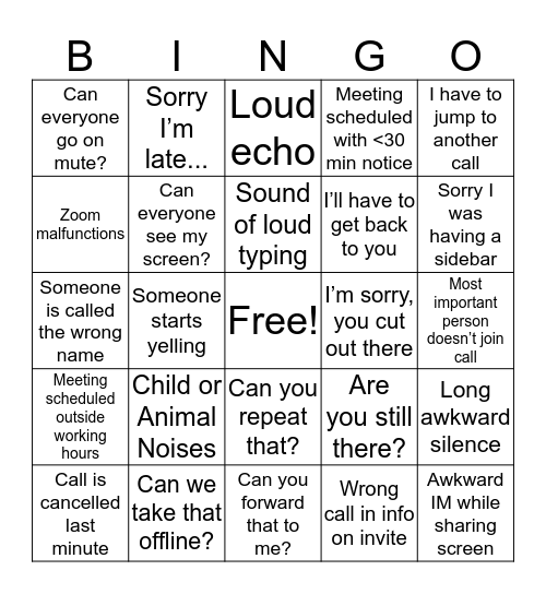 Conference Call Bingo Card