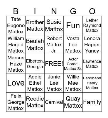 Mattox Family Reunion 2014 Bingo Card