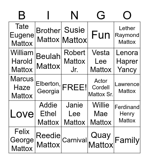 Mattox Family Reunion 2014 Bingo Card