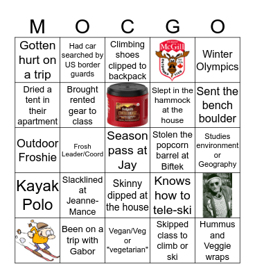 McGill Outdoors Club Bingo Card