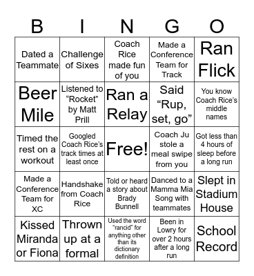 Woo T&F/XC Bingo Card