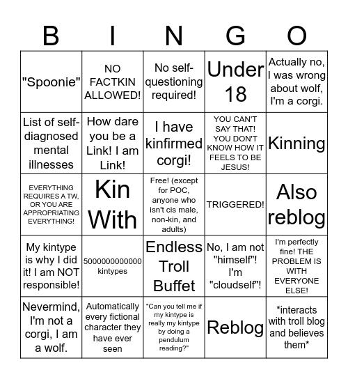 Tumblrkin Bingo Card