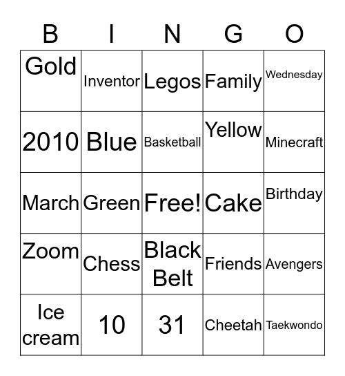 Elijah's 10th Birthday Bingo Card