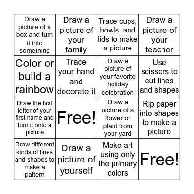 Kindergarten and First Grade Art Bingo Card