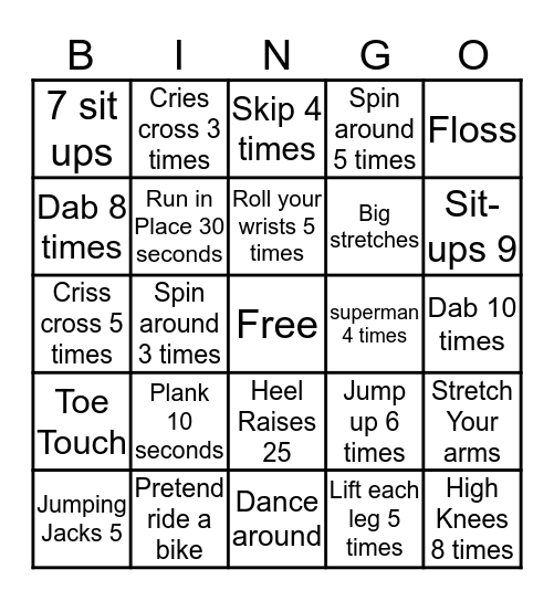 Exercise Bingo Card