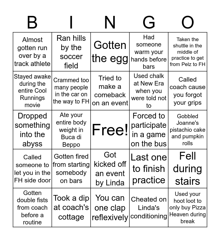 SCSU GYMNASTICS BINGO Card