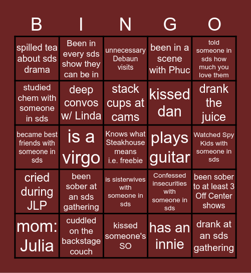 SDS Bingo w/ a Twist Bingo Card