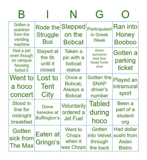 Bobcat Bingo Card