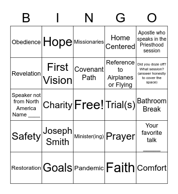 General Conference Bingo Card