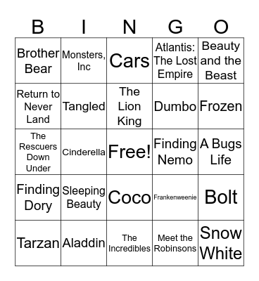 Disney Favorites Bingo Card