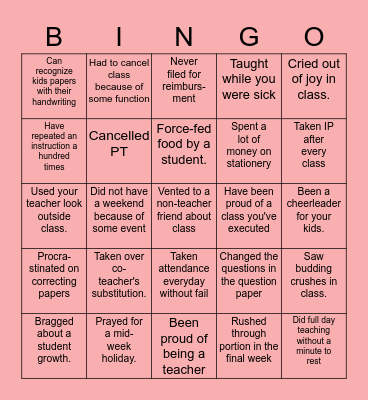 Teacher Life Bingo Card