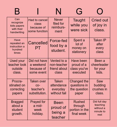 Teacher Life Bingo Card