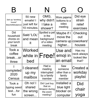 COVID 19 - Telecommuting Bingo Card