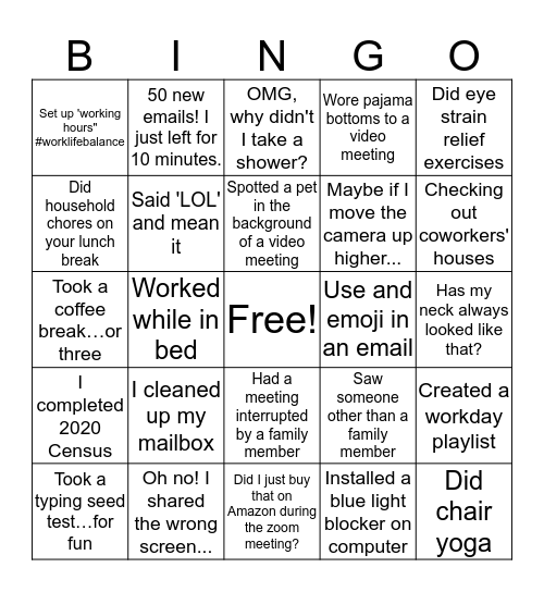 COVID 19 - Telecommuting Bingo Card