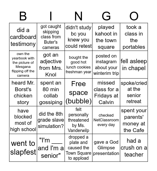 GRCHS Class of 2017 Bingo Card