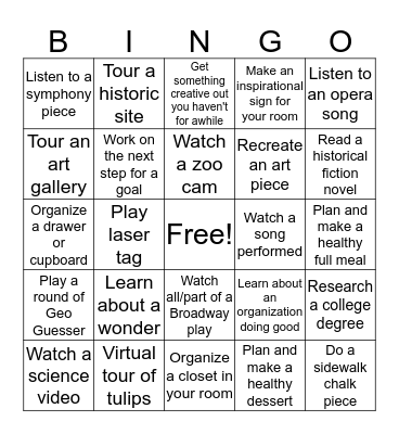 Spring Break Ideas Bingo Card