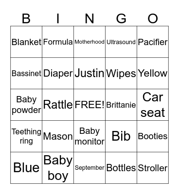 Brittanie's Baby shower Bingo Card