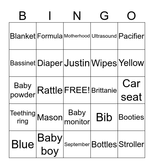 Brittanie's Baby shower Bingo Card
