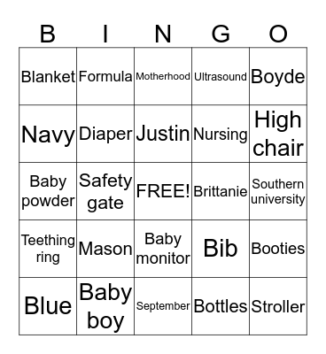 Brittanie's Baby shower Bingo Card