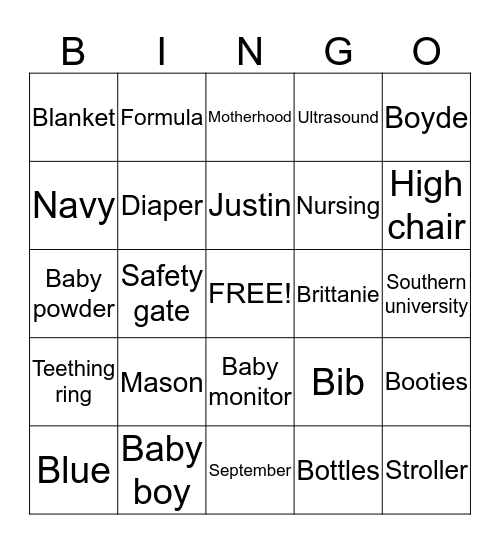 Brittanie's Baby shower Bingo Card