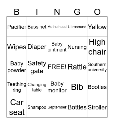 Brittanie's Baby shower Bingo Card